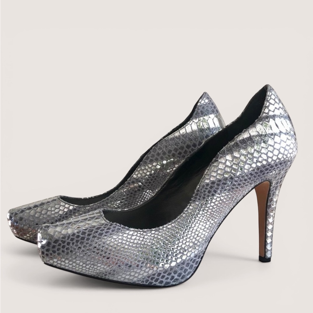 WHBM metallic silver heels with scallop edge detail